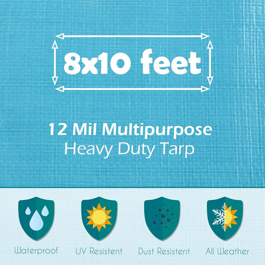 Tarps Heavy Duty Waterproof 8x10-12 mil Thick Camping Tent - Blue Tarp 8x10 UV Resistant, Rip & Tear Proof with Metal Grommets – Multipurpose Use for Camping, Tent, Boat, RV, Car, & Pool Cover