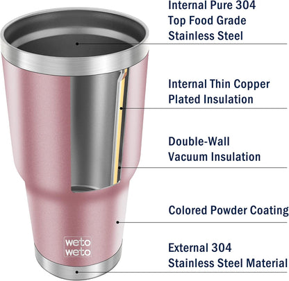 WETOWETO 30oz Tumbler, Stainless Steel Vacuum Insulated Water Coffee Tumbler Cup, Double Wall Powder Coated Spill-Proof Travel Mug Thermal Cup for Home Outdoor (Rose Gold, 1 Pack)