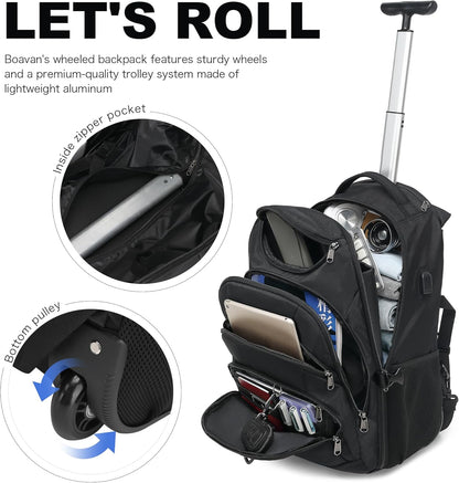 Boavan Rolling Backpack,17 inch Water Resistant Wheeled Backpack,Carry on Luggage Business Bag, Overnight College Computer Trolley Suitcase for Men Women Adults to Travel，Black
