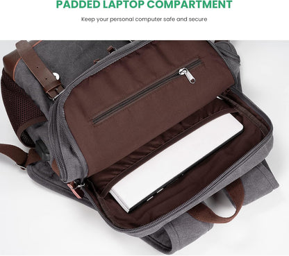 Modoker Vintage Backpack for Men Women, Canvas Bookpack Fits Most 15.6 Inches Computer and Tablets, Rucksack Backpack with USB Charging Port, Grey