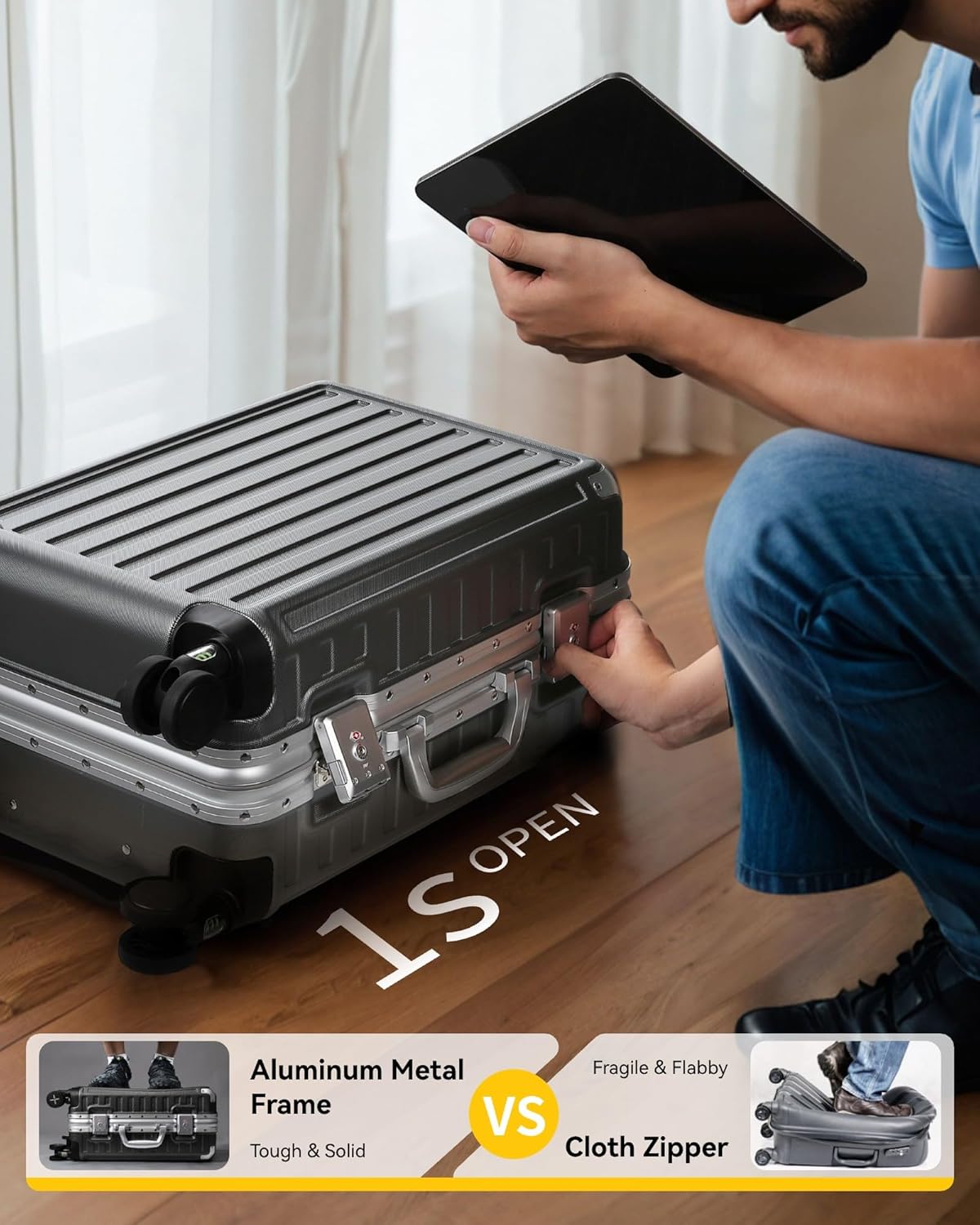 LUGGEX Carry On Luggage with Spinner Wheels, 20 Inch Aluminum Frame Zipperless Polycarbonate Hard Shell Suitcase, Charcoal Metallic