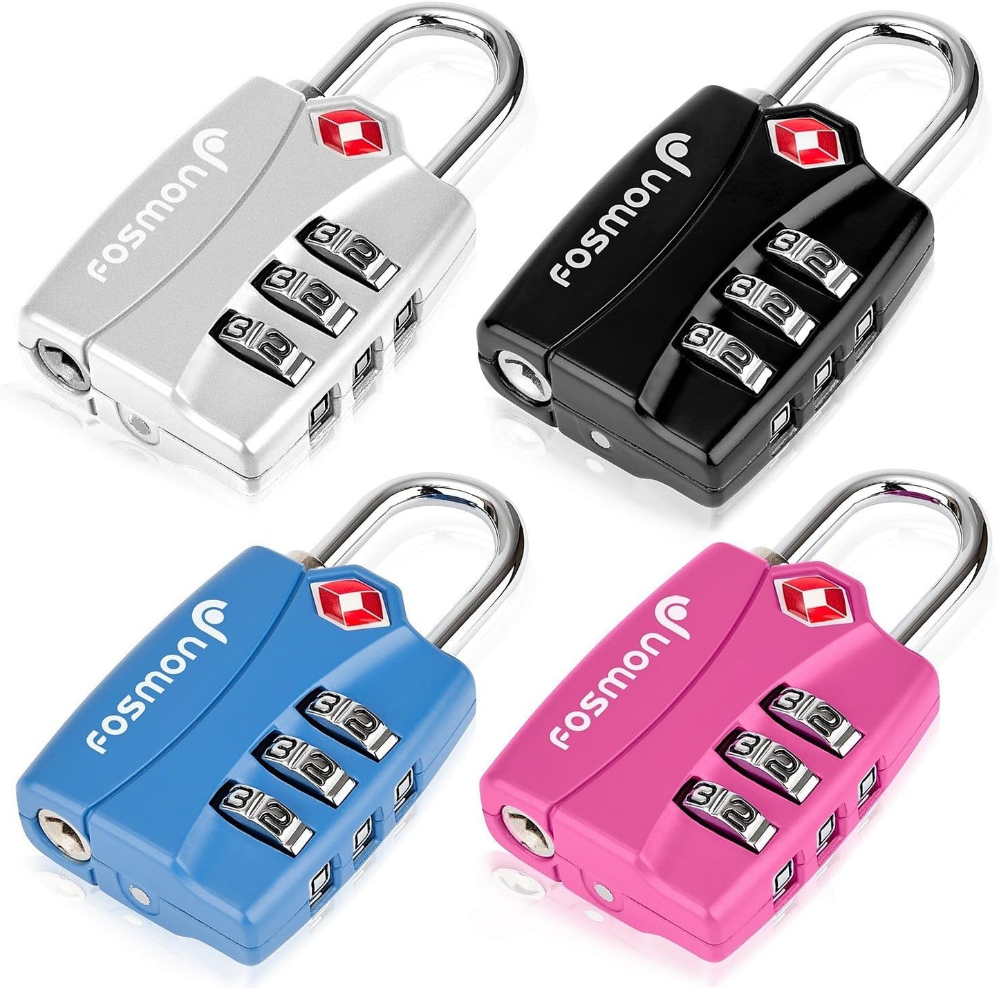 Fosmon TSA Approved Locks for Luggage. Suitcase Locks with Open Alert Indicator, 3 Digit Combination Padlock with Alloy Body for Travel, Backpack Zipper Anti Theft, Locker, Gym, Gun Case, Tent- 4 Pack