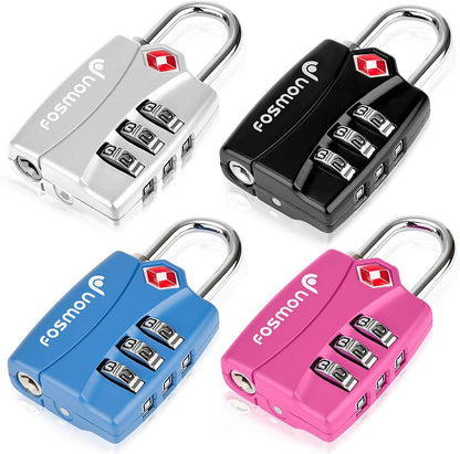 Fosmon TSA Approved Locks for Luggage. Suitcase Locks with Open Alert Indicator, 3 Digit Combination Padlock with Alloy Body for Travel, Backpack Zipper Anti Theft, Locker, Gym, Gun Case, Tent- 4 Pack