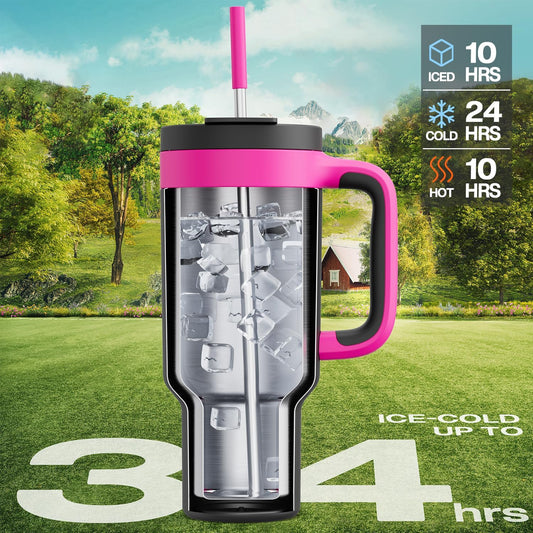 POWCAN 40 oz Tumbler with Handle, 2-in-1 Straw and Sip Lid, Leakproof, Dishwasher Safe, Insulated Stainless Steel Travel Coffee Mug, Keeps Cold for 34 Hours, Fits in Car Cup Holder (Berry)