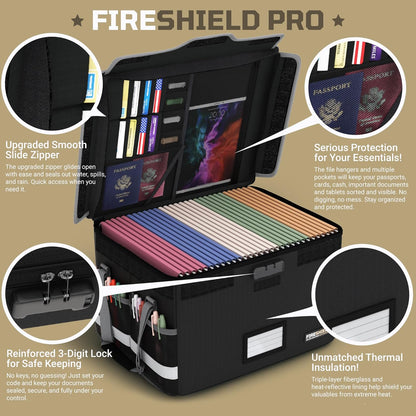 FIRESHIELD PRO Fireproof Document Box with Lock – Portable File Organizer for Hanging Letter/Legal Folders – Water Resistant, Safe Storage for Home, Office or Travel – Size: 16.1" x 12.9" x 11"
