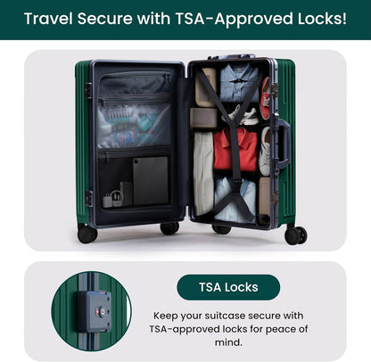 NOBL Travel Carry On Luggage, Noble Zipperless Aluminum Frame PC Hard Shell Suitcase, 20.8x15x8.7 Airline Approved, 360° Spinner Wheels, TSA Locks, USB Charging Port, Cup & Phone Holder - Forest Green
