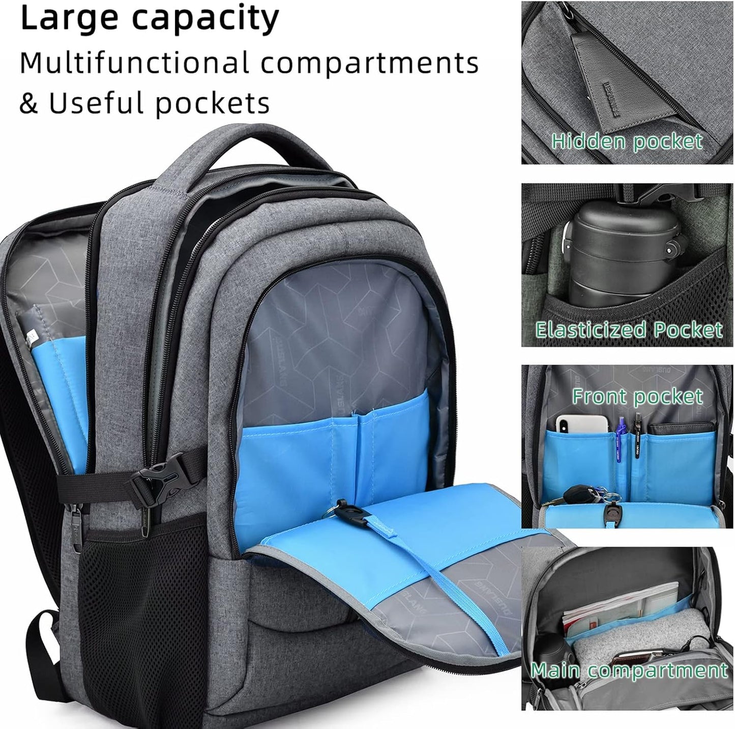 DUSLANG 17 Inch Laptop Backpack for Travel Water Resistant College Backpack for Men/Women Laptop Bag with USB Charging Port and Rain Cover,light grey