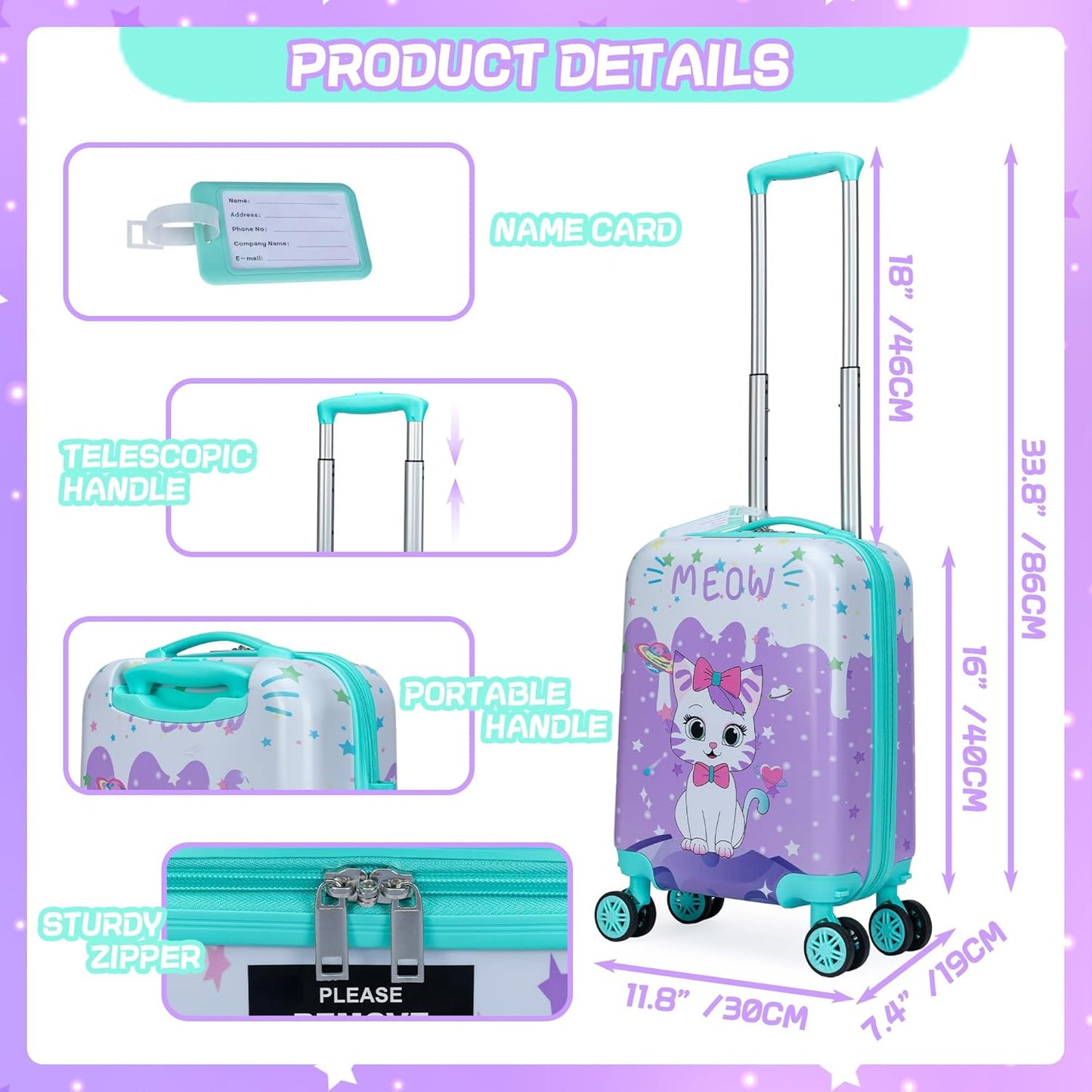 Cute Cat Kid’s Luggage Set 5 Piece Suitcase Set 16’’ Hardside Luggage with Spinner Wheels Girls Boys Carry on Toddler Luggage Travel Rolling Luggage Carry on Luggage Airline Approved