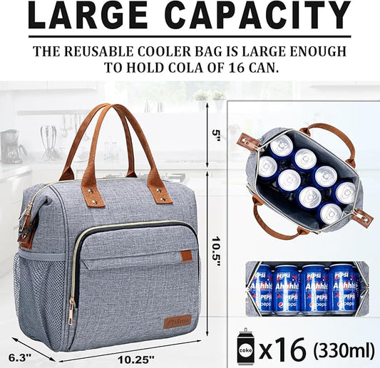 TuErCao Adult Lunch Box - Insulated Lunch Bag Women for Work, Soft Cooler for Beach Travel Picnic, Ladies Lunch Tote Bag for Office, Grey