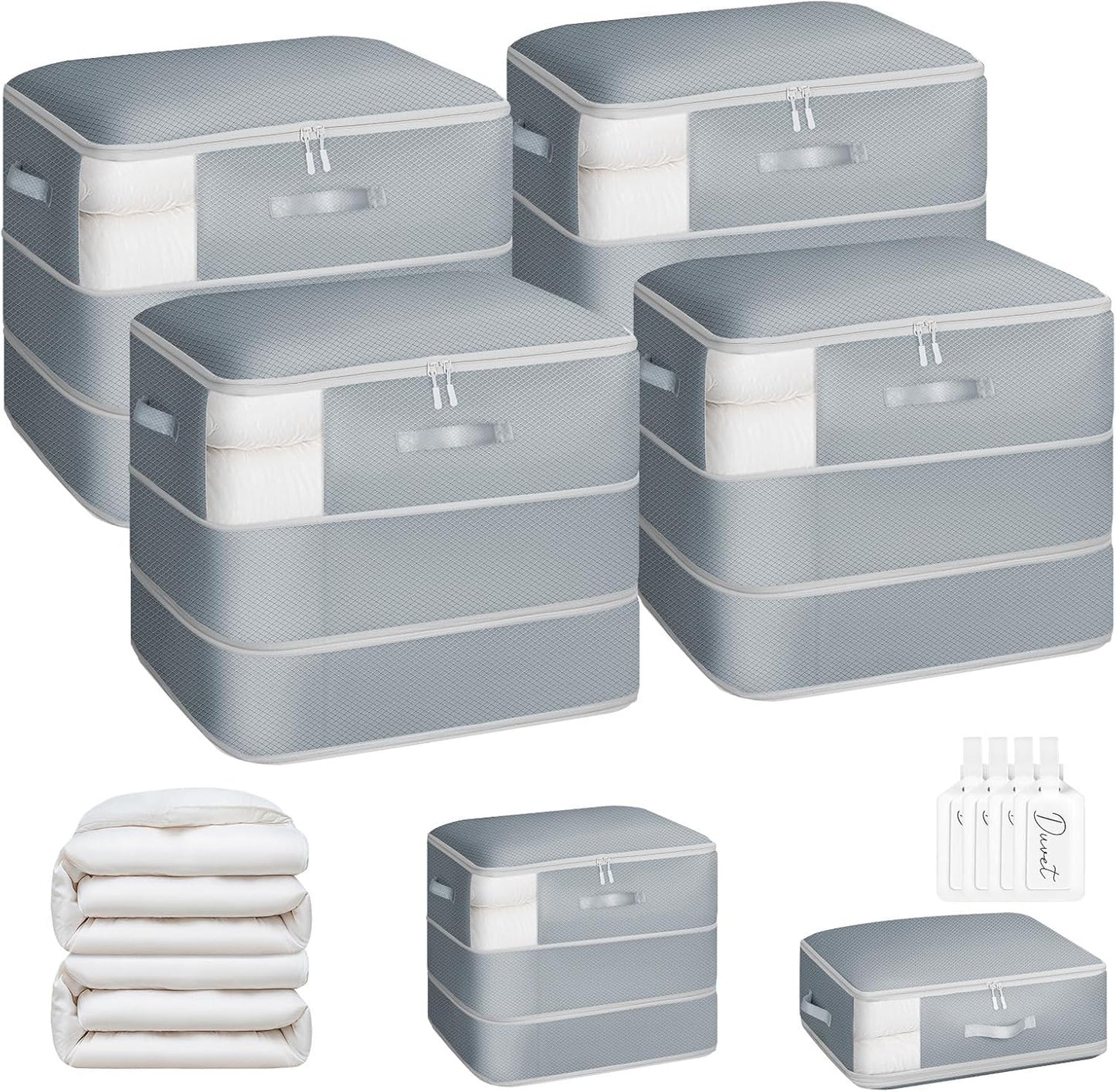4 Pack Compression Storage Bags - 110L Large Capacity Comforter Storage Bag, 3-Layer Washable Ultra Space Saving Self Compression Organizer Space Bags for Blanket, Sweater, Sheet, Light Gray