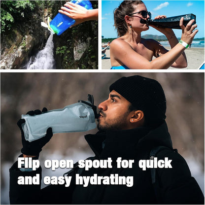 Vapur Collapsible Water Bottle With Carabiner, Compact Bottle Folds Flat For Hydration On The Go, Ideal for Traveling, Hiking or Camping, 34 Ounce, Grey & Teal, Pack of 1