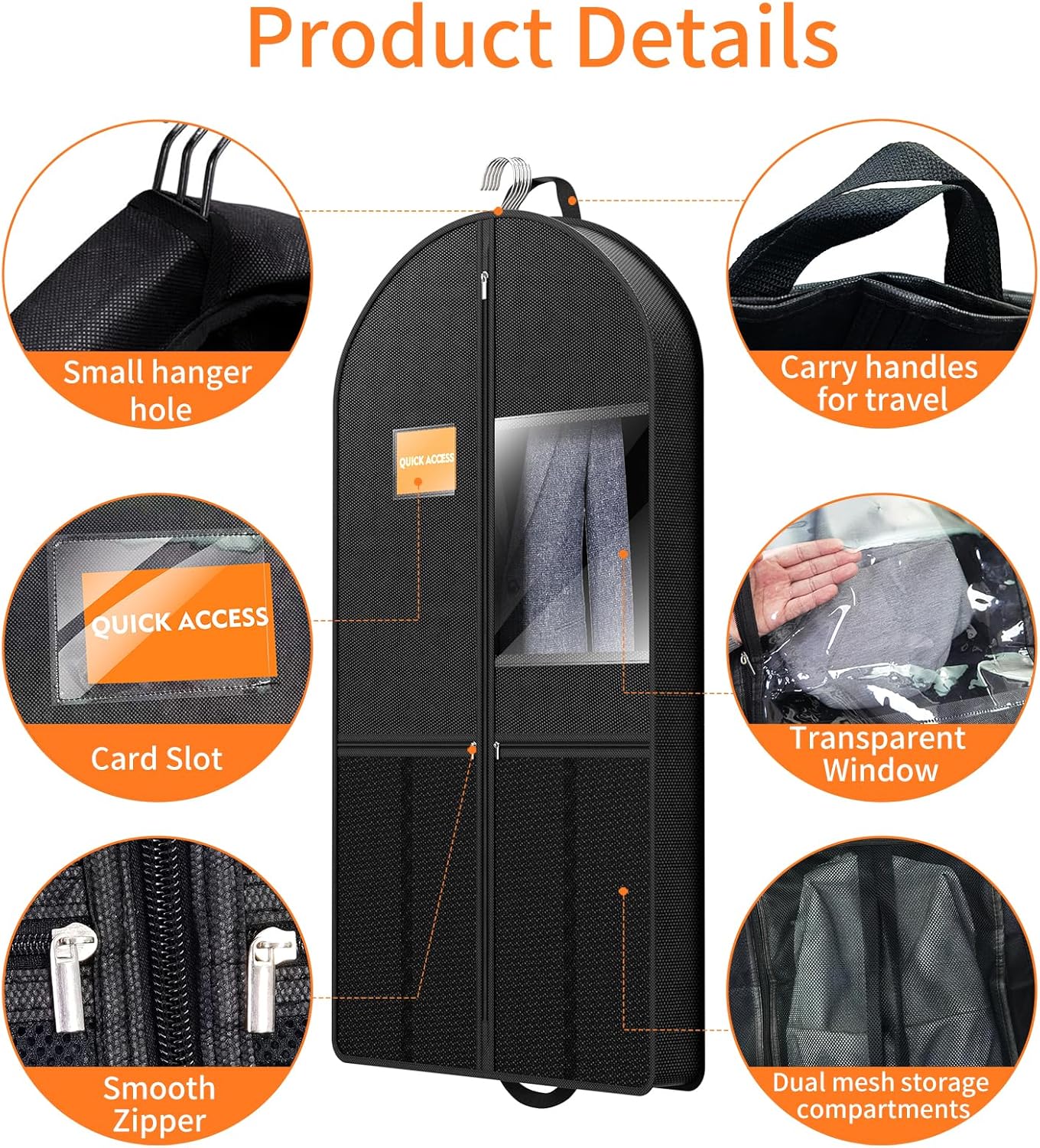 Travel Garment Bag Suits Clothes : 43 Inch 5 Packs Lightweight Breathable Zippered Black Fabric - Clothes Carry Short Men - Wardrobe Carry Coat Jacket Uniform Tuxedo Shirt