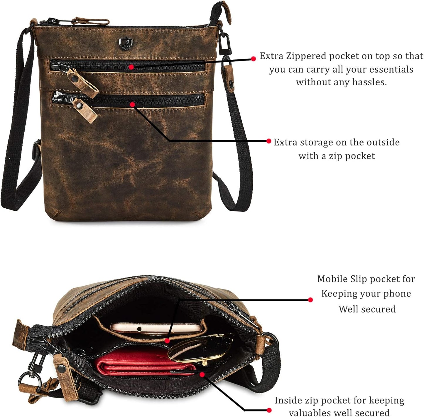 Crossbody Sling Bag for Women Small Real Leather Purse Vintage Travel Crossover Shoulder Bag Handmade