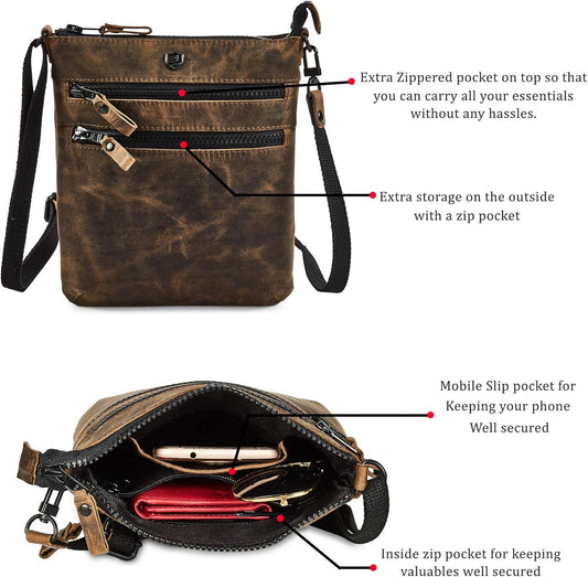 Crossbody Sling Bag for Women Small Real Leather Purse Vintage Travel Crossover Shoulder Bag Handmade