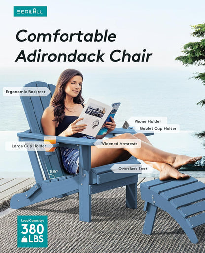 SERWALL Folding Adirondack Chair, HDPE Adirondack Chairs Set of 4, Plastic Outdoor Chairs- Looks Exactly Like Real Wood- Navy