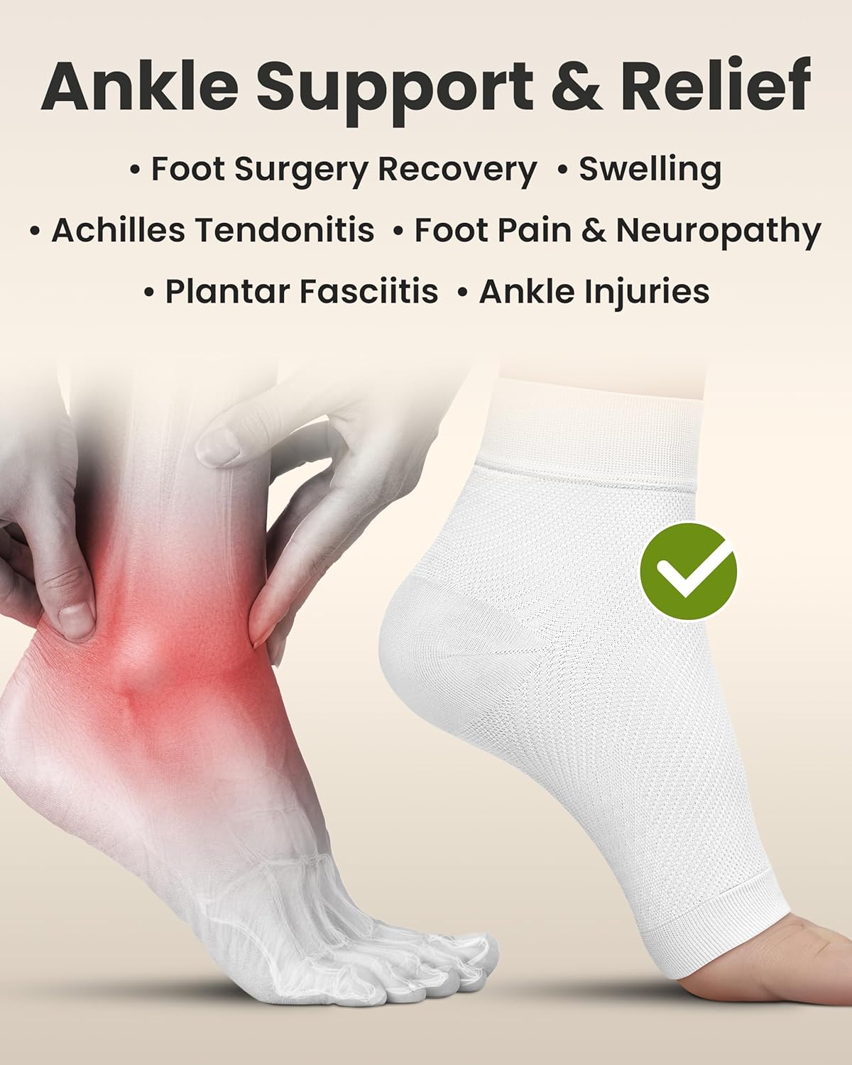 KEMFORD Ankle Compression Sleeve - Plantar Fasciitis Braces - Open Toe Compression Socks for Swelling, Sprain, Neuropathy, Foot Arch Support for Men and Women - 20-30mmhg, 2XL, White
