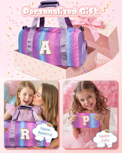 Gifts for 4 5 6 7 8 9 10 Year Old Girls-Girl Gym Bag with Shoe Compartment, Kid Personalized Weekender Overnight Bags, Initial Travel Tote with Makeup Pouch, Gift for Daughter (Letter G)