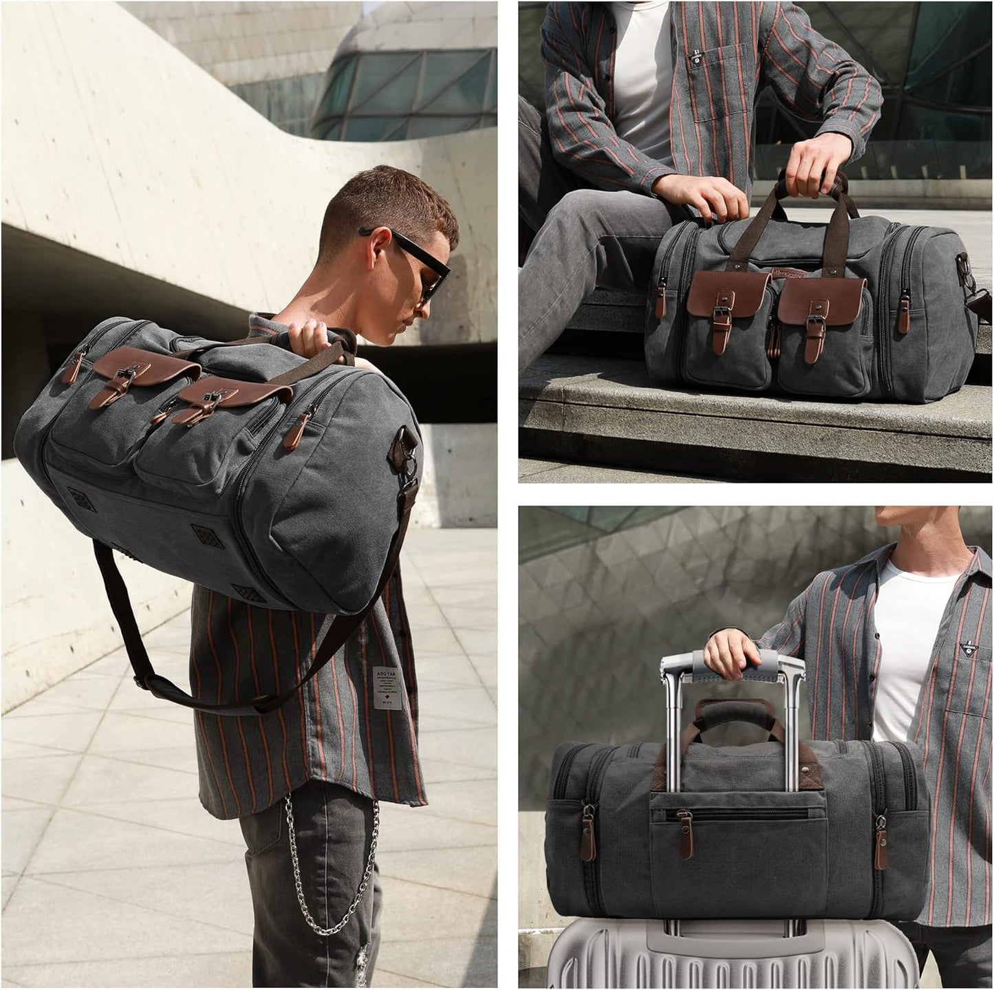Wildroad 60L Travel Duffel Bag, Expandable Canvas Genuine Leather Duffle Bag Upgraded Overnight Weekender Bag Carry on Bag