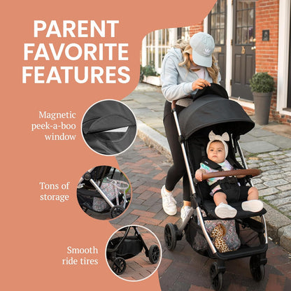 Bombi Bēbee V2 Lightweight Baby Stroller - Premium Vegan Leather, One-Hand Fold, Infinite Recline, Aircraft-Grade Aluminum Frame, XXL Canopy, and Ample Storage Umbrella Stroller - Stone Gray