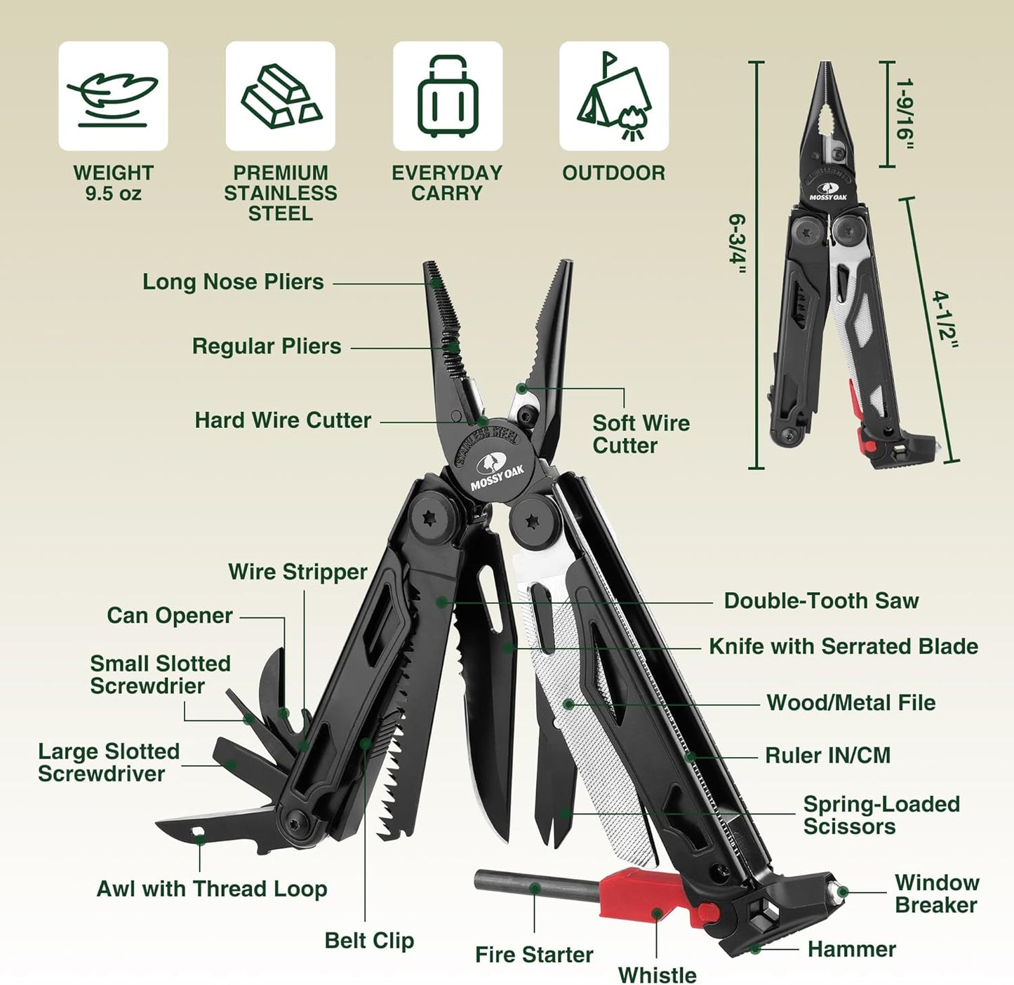 MOSSY OAK Multitool, 19-in-1 Stainless Steel Multi Tool Pliers, Survival Tools with Fire Starter, Window Breaker, Whistler, Self-locking EDC Gear with Sheath for Outdoor, Survival, Camping, Hiking