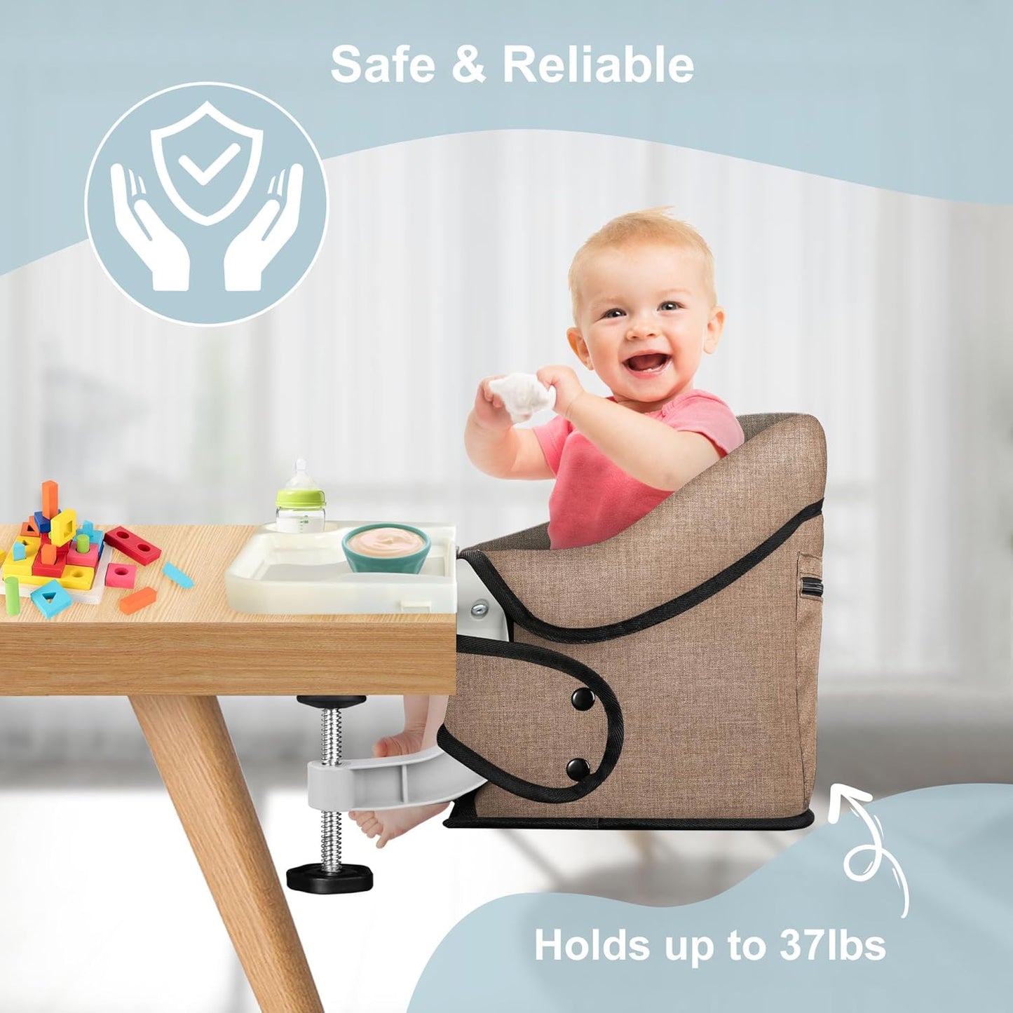 Clip-On High Chair with Removable Dining Tray for Babies and Toddlers, Fold-Flat Storage Portable Baby Feeding Seat, Attach to Fast Table Chair for Home Travel (Brown)