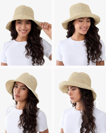 Womens Wide Brim Straw Sun Hat Foldable Floppy Crochet Beach Hat for Summer