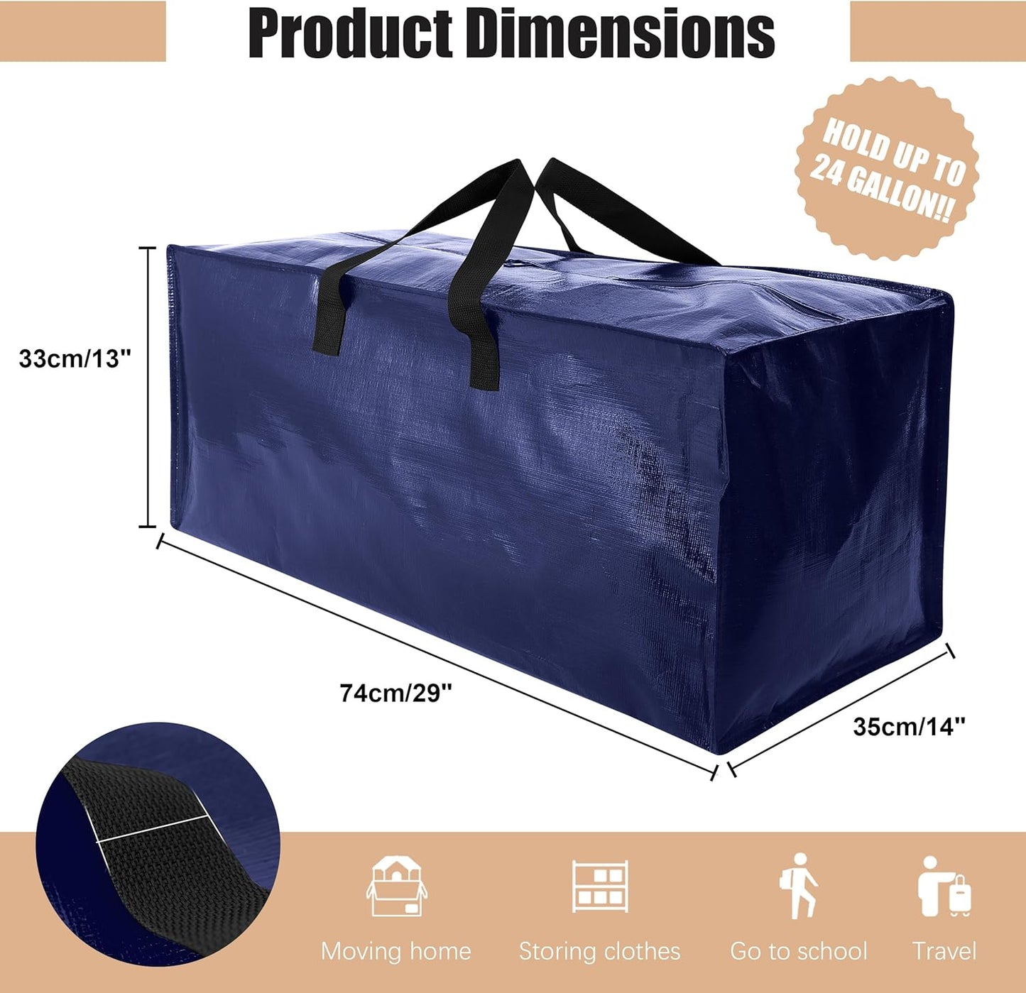 Heavy Duty Moving Bags with Backpack Straps and Strong Handles, Alternative to Moving Boxes and Storage Totes for Dorm Room Essentials, 6 Pack, Blue