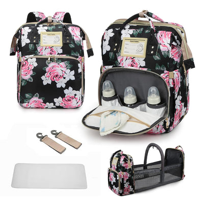 Diaper Bag Backpack Waterproof Baby Bag Large Capacity Multifunction Nappy Bags Floral Insulated Durable Travel Maternity Back Pack with Changing Station for Baby （Black）