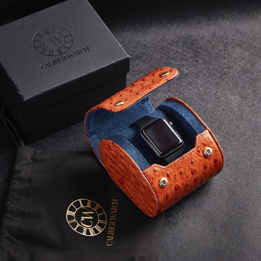 Genuine Napa Leather Watch Roll Travel Case - Travel Watch Rolls and Leather Watch Display Cases with Velvet Interior - Watch Storage Organizer Men's By CALIBERWATCH (Cognac - Single)