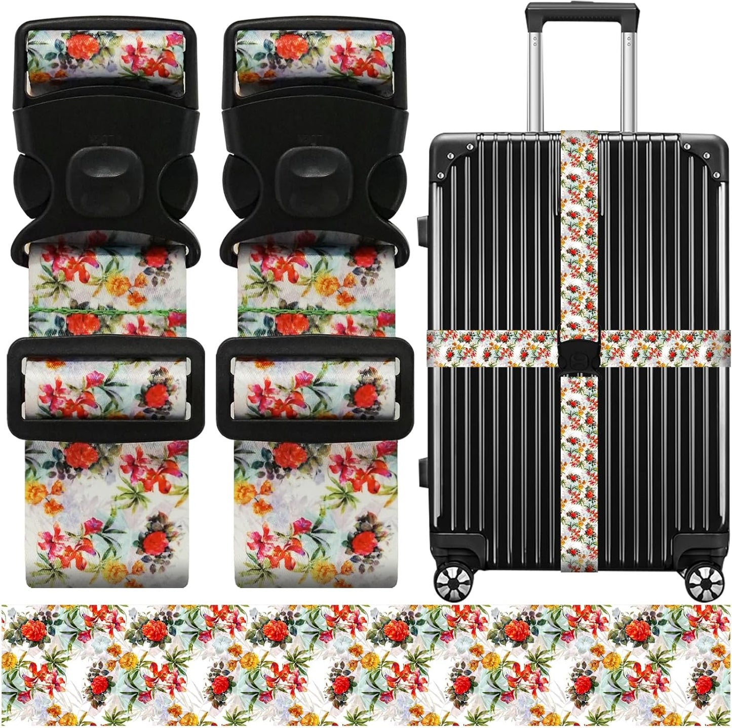Luggage Straps for Suitcases, Travel Adjustable Belt with Quick Release Buckle, Heavy Duty Nylon Bag Packing Strap, Unique Bright Identifiers Business Travel Accessories (2 Pack) - Red Yellow Flowers