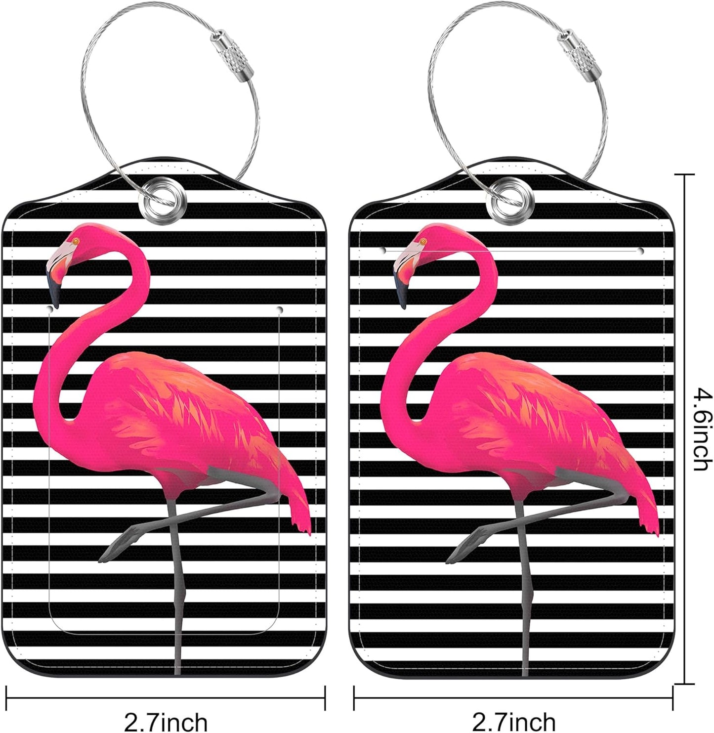 Set of 2 Luggage Tags for Suitcase Pink Flamingos Leather Baggage Tags Set with Stainless Steel Loop Name Address Labels Privacy Cover for Men Women Travel Bag Suitcase, 4.6 x 2.7 inch
