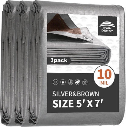 Tarps Heavy Duty Waterproof 5x7 Feet (3 Pack), 10Mil Multipurpose Small Tarp Cover with Metal Grommets and Reinforced Edges, Silver/Brown Tarp by RAINDEWAY
