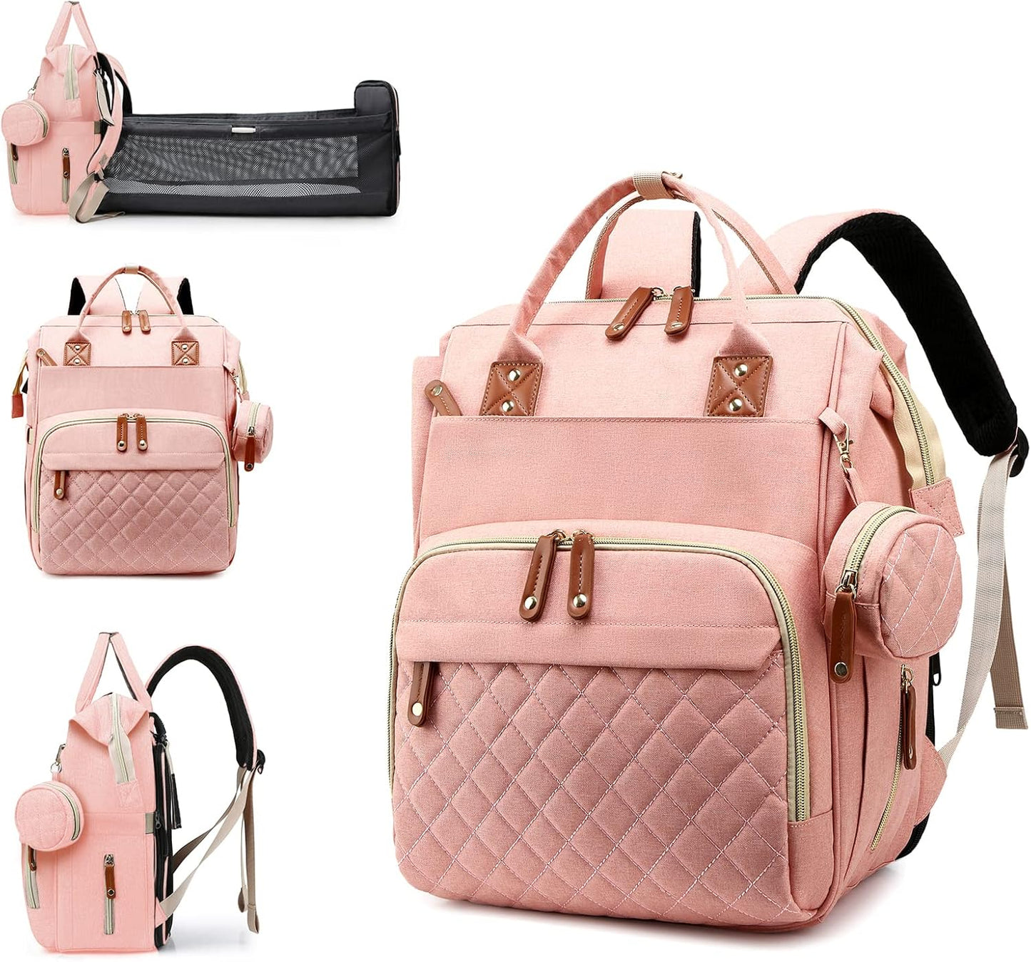 Diaper Bag with Changing Station, Waterproof 3 in 1 Baby Diaper Backpack with Foldable Changing Pad, Large Travel Back Pack for Baby Girl Boy, Peach Pink