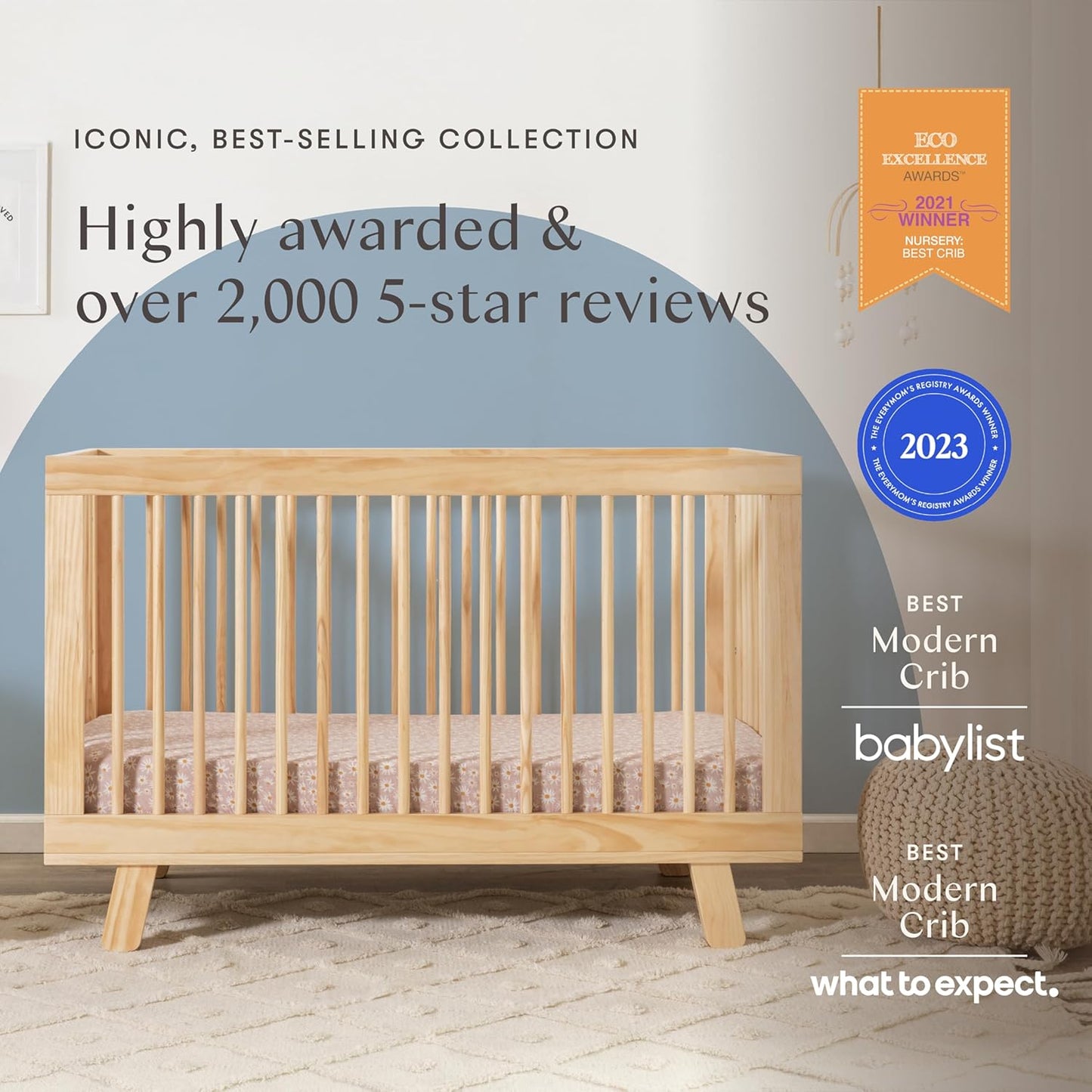 babyletto Hudson 3-in-1 Convertible Baby Crib with Toddler Bed & Daybed Conversion - Easy to Assemble - GREENGUARD Gold Certified w/ 4 Adjustable Mattress Heights - Natural