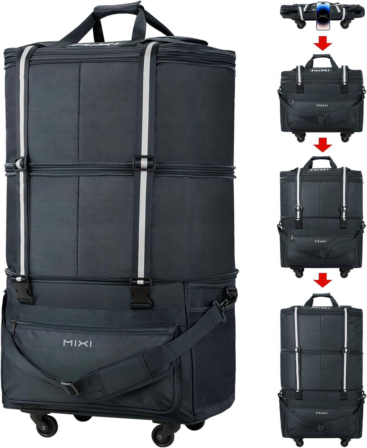 mixi Travel Bag with Wheels Expandable Foldable Luggage Bag Collapsible Rolling Travel Bag Duffel Bag Large Capacity Suitcase for Men Women, Dark Gray