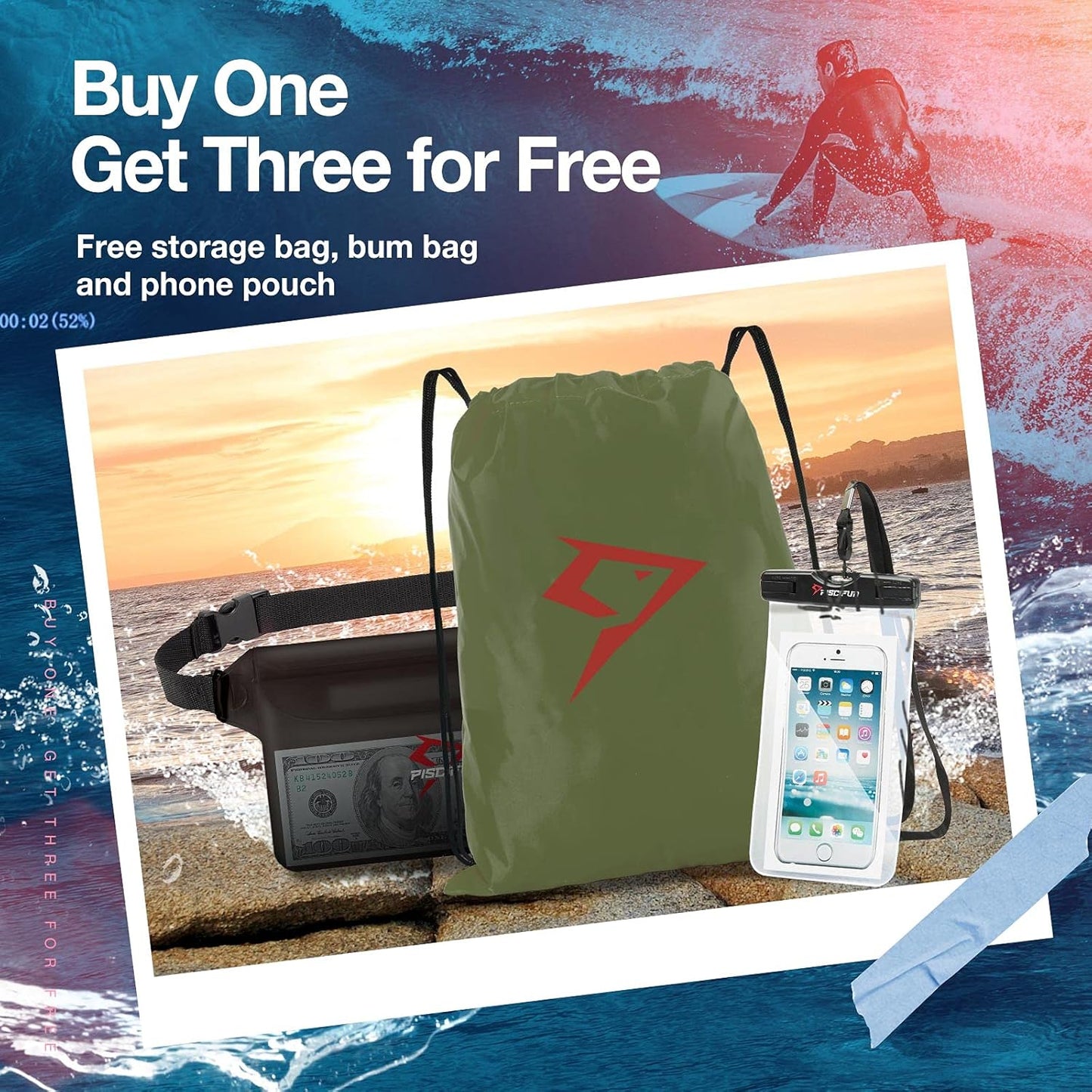 Piscifun Dry Bag Waterproof, Lightweight Dry Backpack Roll-Top Sealed with Waist Pouch and Phone Case Keeps Gear Dry Inside for Kayaking, Boating 10L 20L 30L