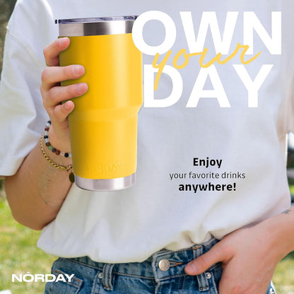 NORDAY | Tumbler with Lid - 30oz - Yellow Insulated Tumbler - Stainless Steel Tumblers - Double Wall Vacuum Insulated Travel Coffee Mug for Car Cup Holder - Keeps Temperature for 24hr - Anti Spill Lid
