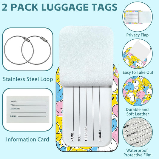 2 Pack Cute Luggage Tag for Suitcases Rubber Duck Leather Luggage Tags with Stainless Steel Loop Privacy Flap Name Tags,Men and Women Travel Bag Suitcase Tags
