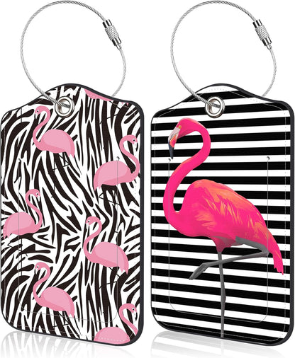 Set of 2 Luggage Tags for Suitcase Pink Flamingos Leather Baggage Tags Set with Stainless Steel Loop Name Address Labels Privacy Cover for Men Women Travel Bag Suitcase, 4.6 x 2.7 inch
