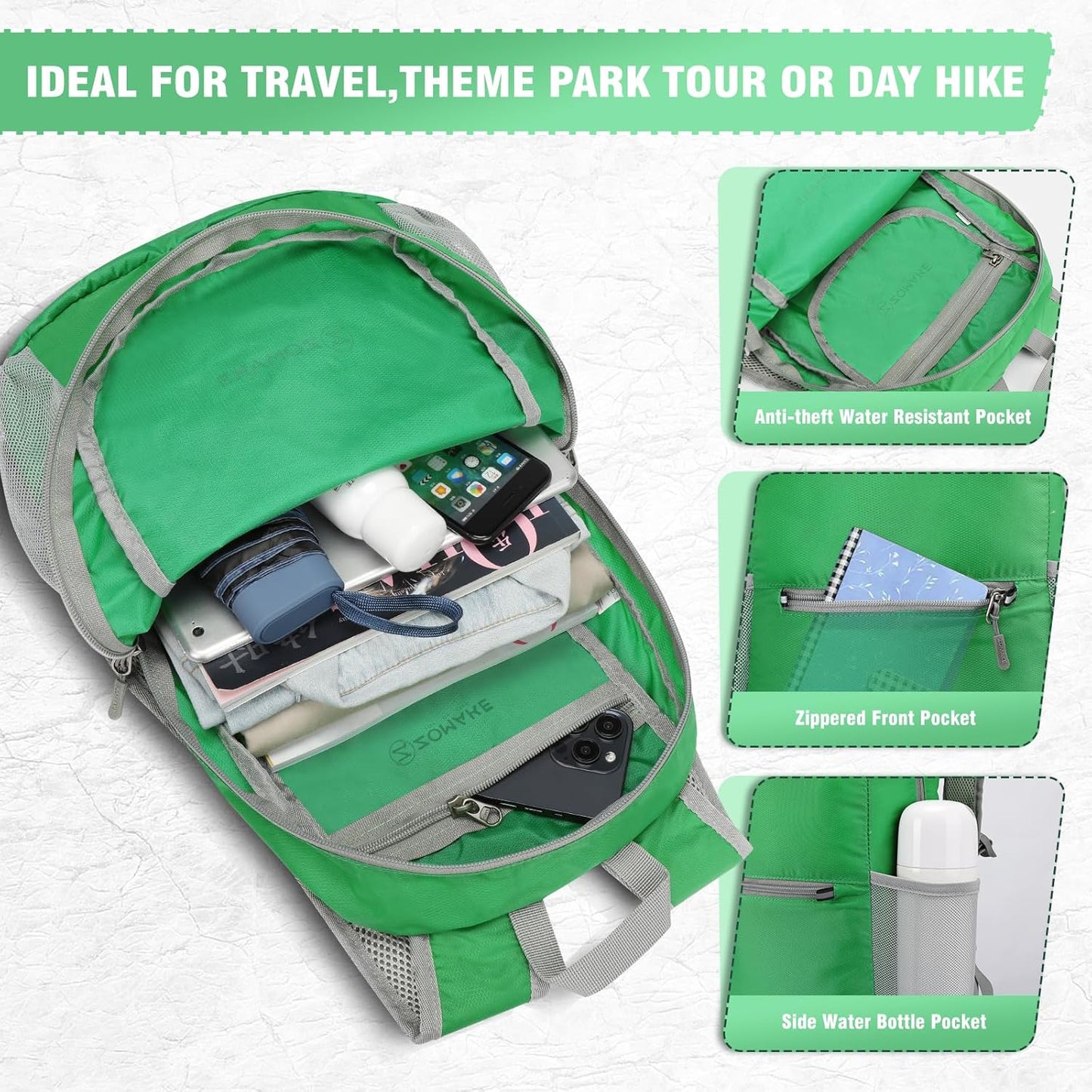 ZOMAKE Ultra Lightweight Hiking Backpack 20L - Packable Small Backpacks Water Resistant Daypack for Women Men(Grass green)