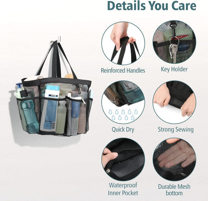 F-color Mesh Shower Caddy Portable, X Large 7 Deeper Pockets Shower Bag Basket Tote for College Dorm Room Bathroom Essentials Gym Camp Quick Dry 2 handles with S Hook, 2 Pack Black