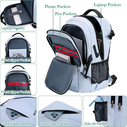FENGDONG 17.3 inch Large Laptop Backpack Durable Waterproof Travel College Backpack Bookbag for Men & Women Business Backpack with USB Charging Port,Headset Port Light Blue