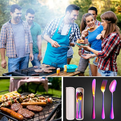 Portable Utensils Set with Case, 4pcs Stainless Steel Reusable Silverware for Lunch Camping School Picnic Workplace Travel, Lunch Box Includ Fork Spoon Knife,Easy to clean,Dishwasher Safe(Rainbow)