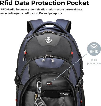 Swissdigital Design Laptop Backpack with USB Charging Port, TSA Travel Backpack Fits 15.6 inches Computer, 31L College School Backpack for Men, Blue/Black | SD803