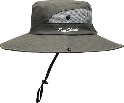 Womens Summer Sun Hat Beach Hat Wide Brim Outdoor UV Protection Hat Foldable Cool Mesh Ponytail Bucket Hat