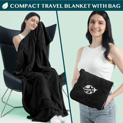 PAVILIA Travel Blanket and Pillow, Arms Opening Airplane Blankets for Adults, Compact Plane Blanket with Arm Hole 2-in-1 Bag for Flight Car Camping Fit in Luggage Backpack Traveler Gift, Black