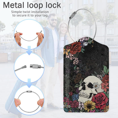 Skull Flowers Luggage Tags,2 Pack Luggage Tag,Leather Privacy Cover ID Label with Stainless Steel Loop for Women Men Kids Girls Travel