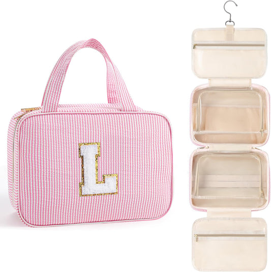 TOPEAST Travel Toiletry Bag Initial Makeup Bag for Teen Girls - Birthday Gifts for 7 8 9 10 11 12 13 14 15 16 17 18 Year Old Girls, Teen Girl Gifts Trendy Stuff - Letter L, Pink