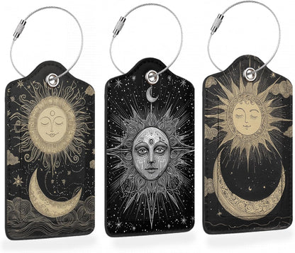 Vintage Boho Sun and Moon 3 PCS Luggage Tags, Leather Suitcase Tags with Privacy Cover Name Address Labels and Durable Steel Loop for Men/Women Travel Bag Suitcases