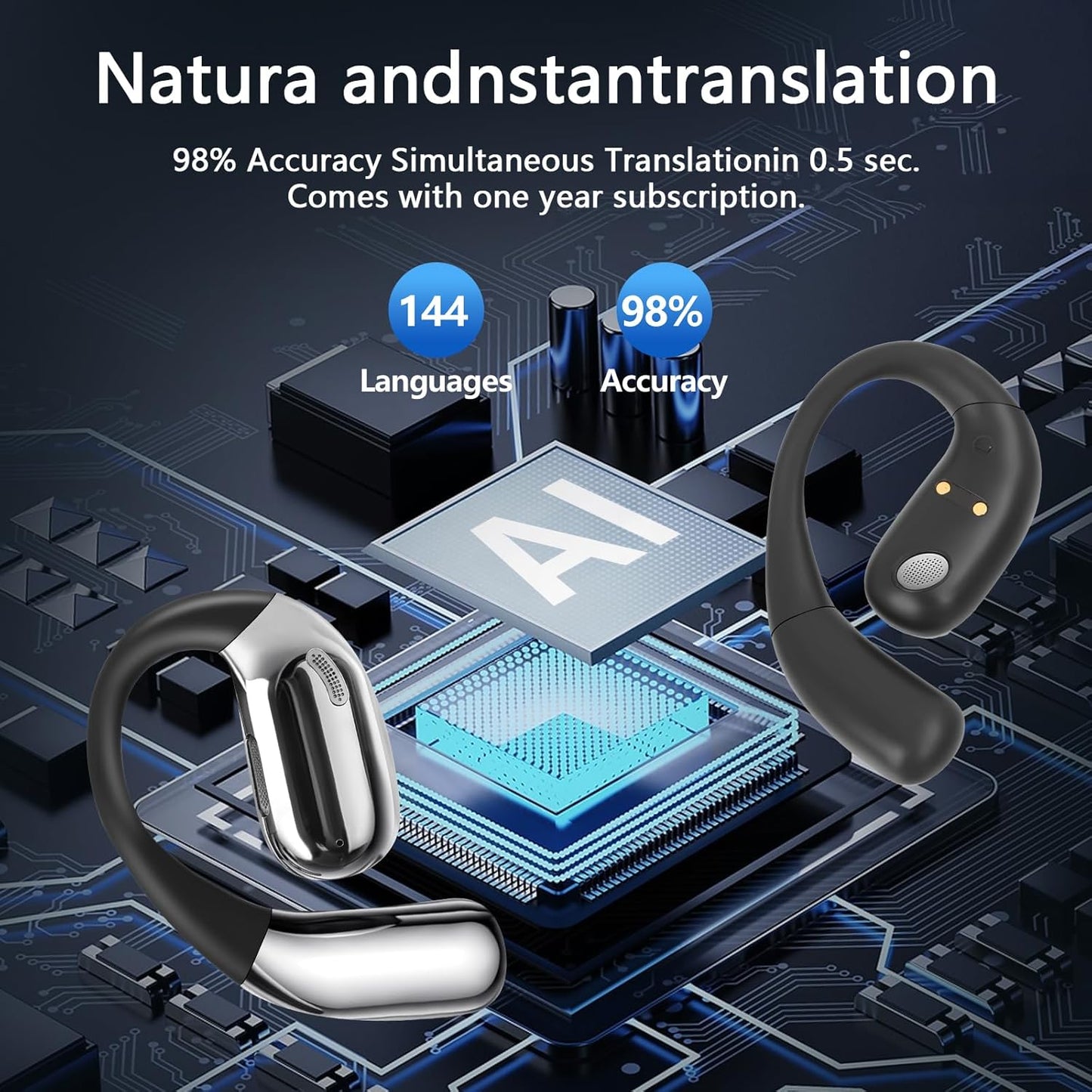 AI Translation Earbuds Real Time, LCD Touchscreen Real-Time Translator for 144 Languages & Accents Includes Free Subscription Translation Device Earphones for Travel Business Learning, Black
